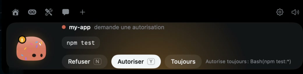 Le notch : my-app demande une autorisation pour npm test, avec Refuser, Autoriser, Toujours